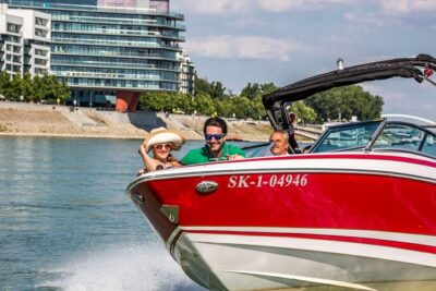 Bratislava by speedboat 1 Hour - Eurovea waterfront, the Slovak Philharmonic, and the bridge pass-by moment