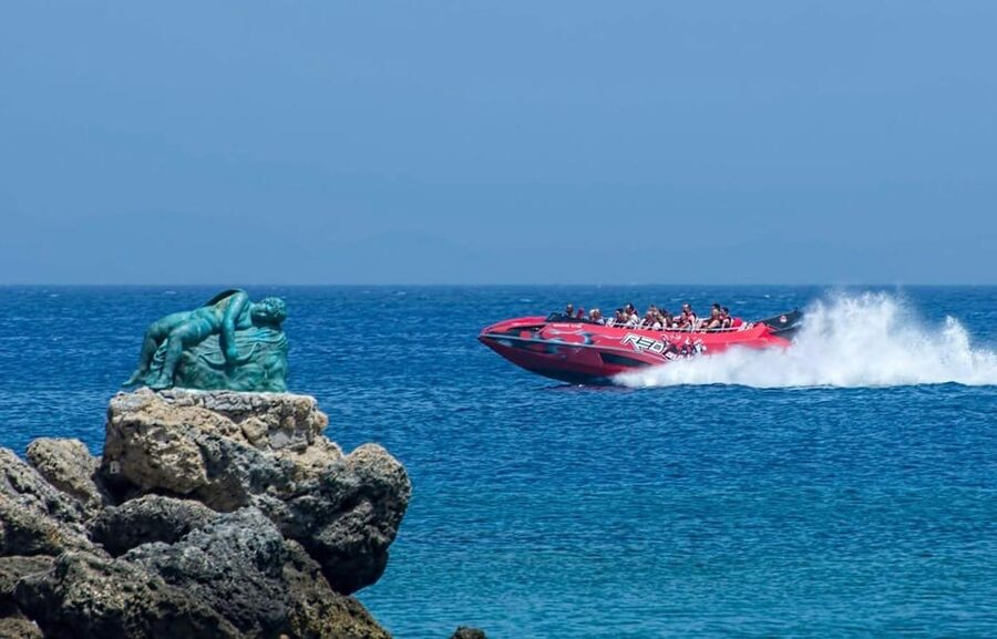 Rhodes: Beaches Trip by Jet Boat with Snorkeling and Drinks - Kallithea Springs Bay: sea caves, snorkeling gear, and cold drinks