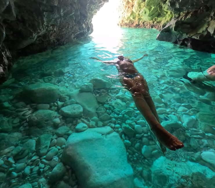 Secret Blue Cave & Grama Bay - Speed Boat Tour - Boat ride realities: music, shade, and packing like you mean it